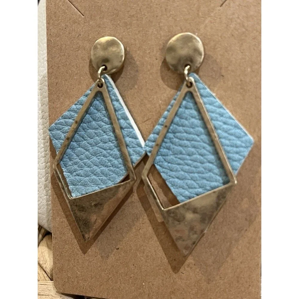 Vintage Hammered Gold-Tone & Leather Dangle Earrings Retro 1980s Punk 2.25in
